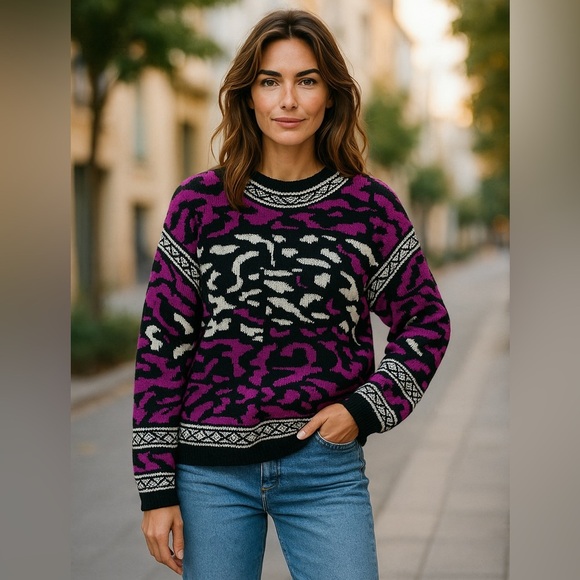 Vintage Justin Allen Black and Pink Crew Neck Sweater - Picture 1 of 12